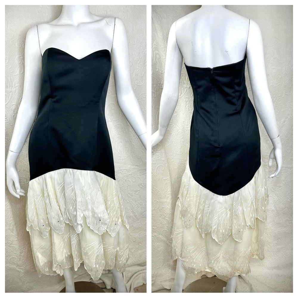 Nancy Bracoloni VTG Black & Cream Crystal Embroidered Strapless Formal Dress